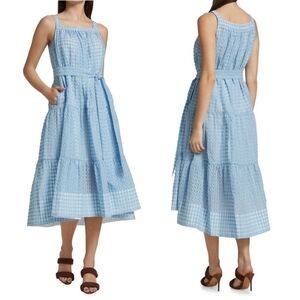New Tanya Taylor Savannah Crinkled Gingham Oxford Blue Midi Dress NWT XS